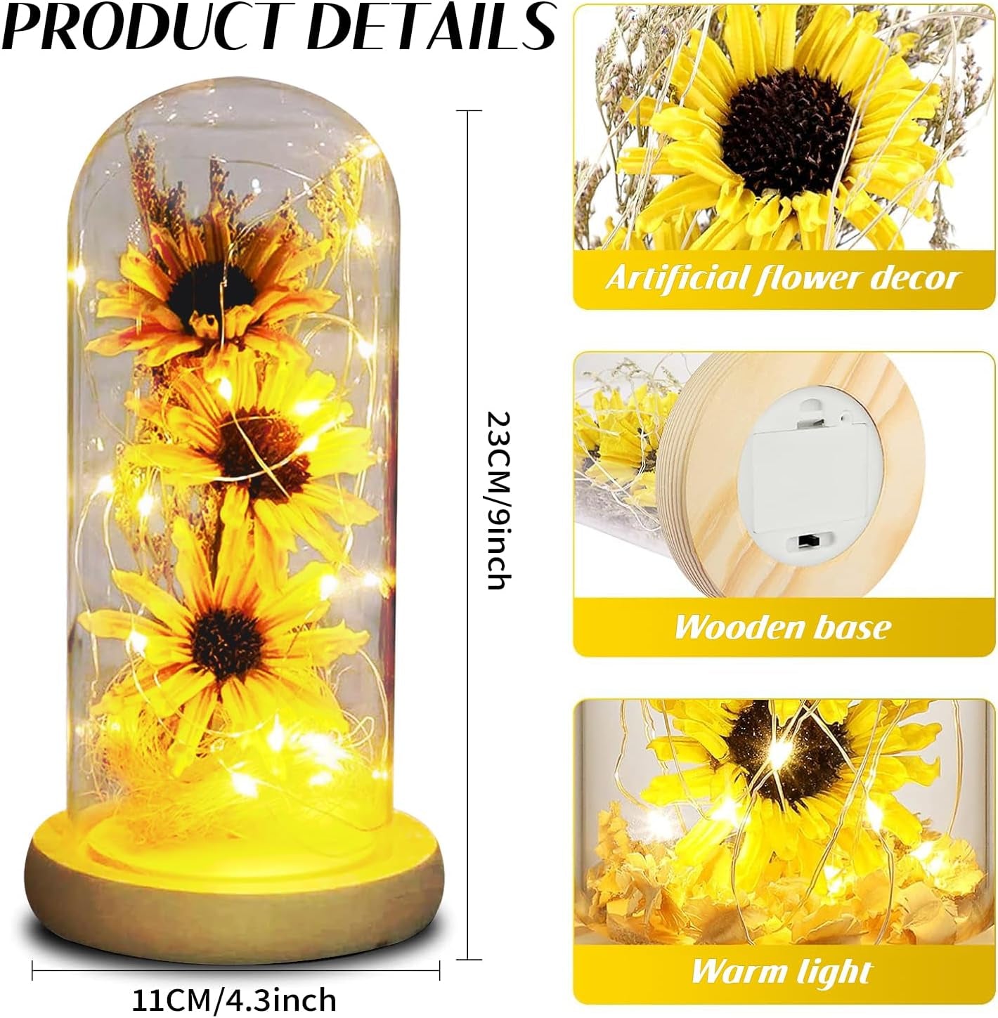 Sunflower Gifts for Women, Sunflower in Glass Dome, Eternal Flower with Led Light Strip, Sunflower Light Home Decoration Romantic Gifts for Valentine'S Day Mother'S Day Anniversary Birthday Christmas