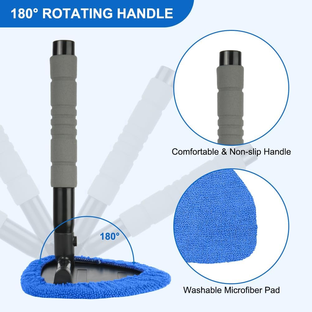 Car Window Cleaner Kit, Multifunctional Expandable Windscreen Cleaner, Car Windscreen Cleaner with 5 Reusable Microfiber Pads, 1 Spray Bottles,180° Swivel Head, Ideal for All Vehicles(Triangle)