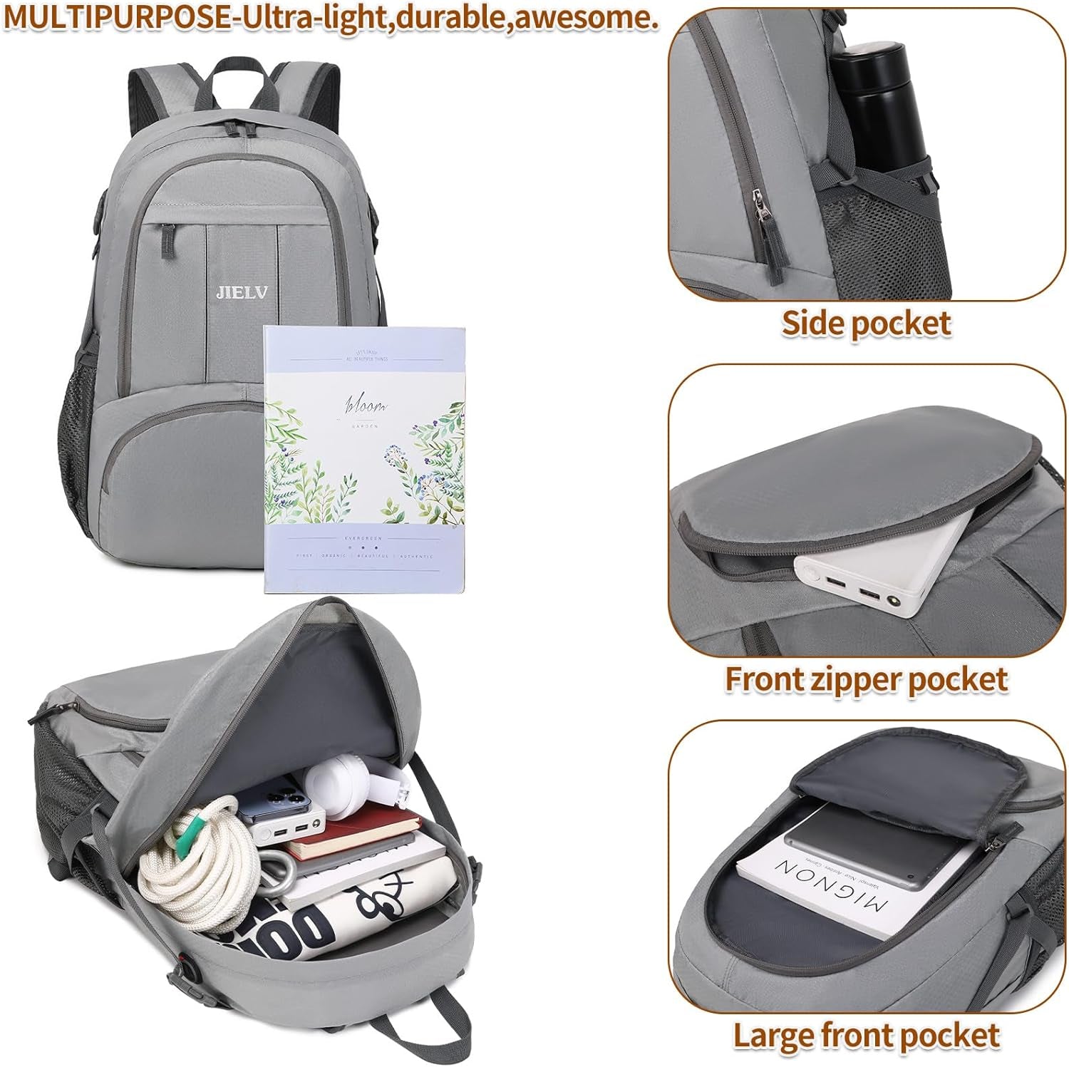30L Lightweight Packable Backpack Small Foldable Hiking Backpack Waterproof Daypack Travel Camping Outdoor for Women Men Valentines Day Gifts(Lgiht Grey)