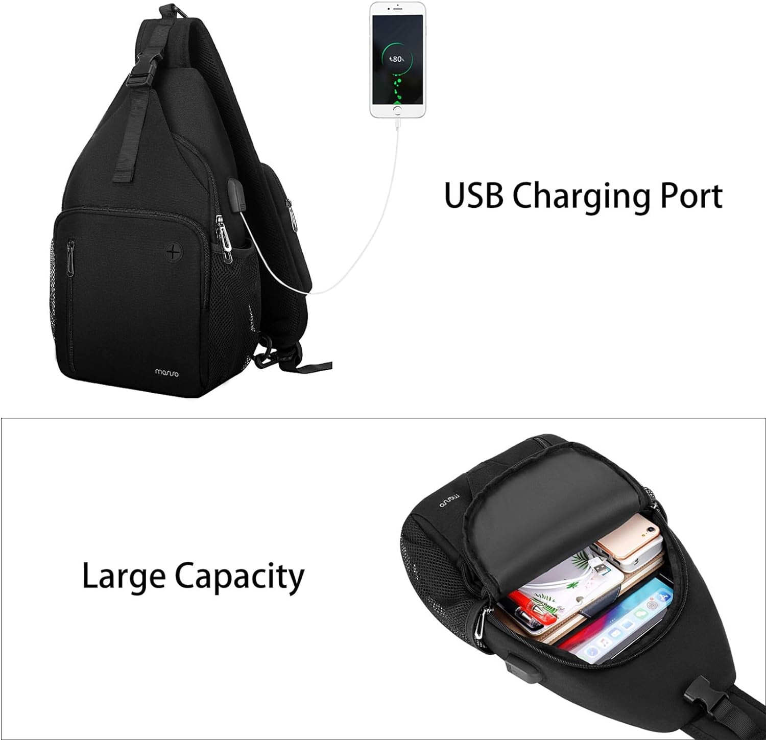 Sling Backpack Bag, Crossbody Shoulder Bag Travel Hiking Daypack Chest Bag with Front Square Pocket&Usb Charging Port
