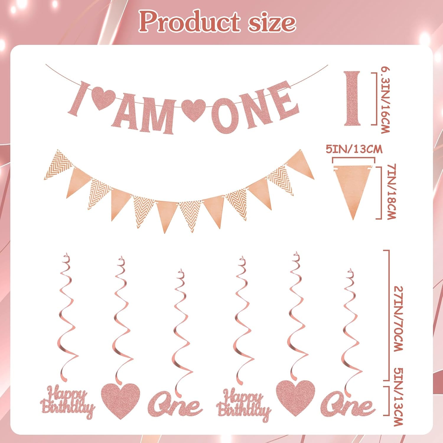 Happy 1St Birthday Decorations Banner - Rose Gold First Birthday Banners Bunting Set for Girls, Glitter Letter One and Heart Swirl Hanging for Baby One Happy Birthday Party Supplies