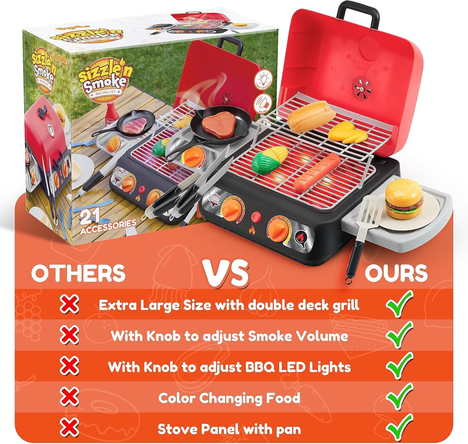 Kids BBQ Grill Playset, Kitchen Toy Set with Pretend Smoke, Light, Sound & Color-Changing Food, Play Kitchen Accessories, Indoor Outdoor Cooking Toy for Boys Girls Kids