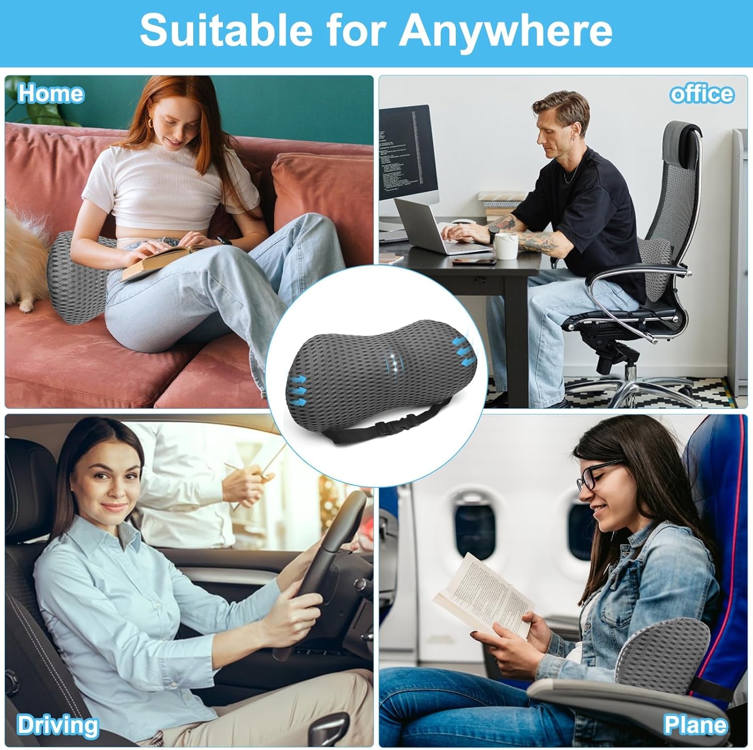 Lumbar Support Memory Foam Pillow, Lumber Support Cushions with Detachable Elastic Strap for Car Office Chair, Adjustable Car Seat Back Support Pillow for Promotes Back Pain Relief