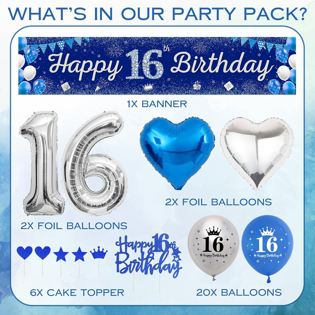 Boys 16Th Birthday Decorations Blue - 31 Pieces Blue Silver Party Decoration, Happy Birthday Banner, Number 16 Foil Balloons, Backdrop, Latex Balloon, Cake Topper for Kids Girl Anniversary Decor Gifts