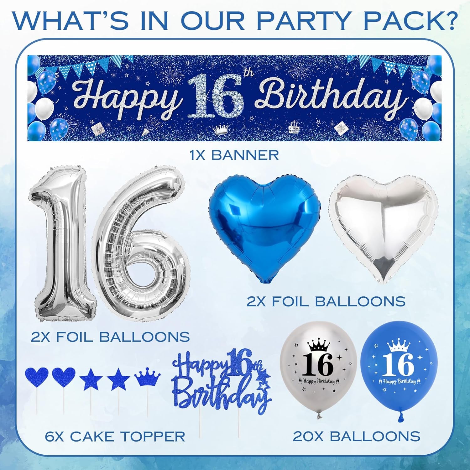 Boys 16Th Birthday Decorations Blue - 31 Pieces Blue Silver Party Decoration, Happy Birthday Banner, Number 16 Foil Balloons, Backdrop, Latex Balloon, Cake Topper for Kids Girl Anniversary Decor Gifts