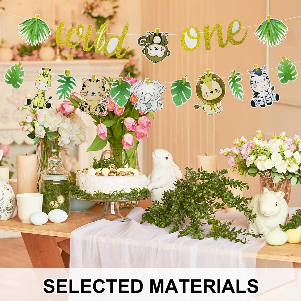 Wild One Jungle Animal Birthday Banner - Safari Theme Party Decoration for First Birthday, Easy to Hang