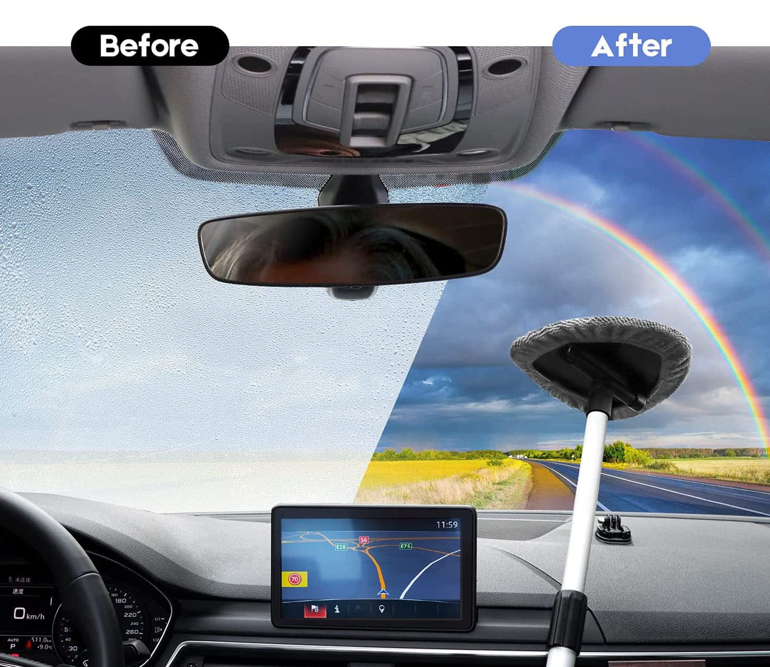 Car Windscreen Cleaner Tool, Glass Screen Cleaner Kit, Window inside Cleaning Brush with 4 Reusable and Washable Microfiber Pads, with Extendable Handle, Gray