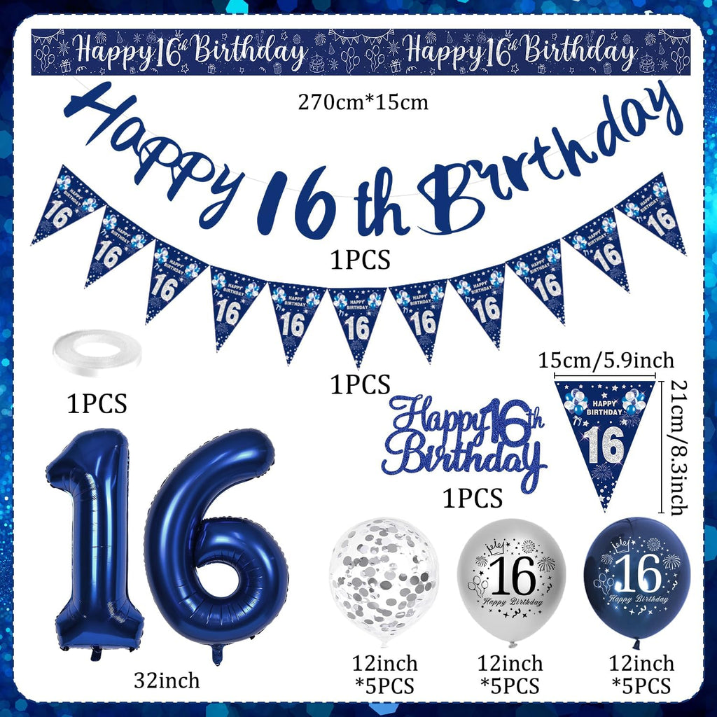 16Th Birthday Decorations Boys, Blue and Silver Happy 16Th Birthday Banner, Navy Blue and Sliver 16Th Birthday Balloons, Confetti Balloons 16Th Party Decorations for Boy, 16Th Birthday Party Supplies
