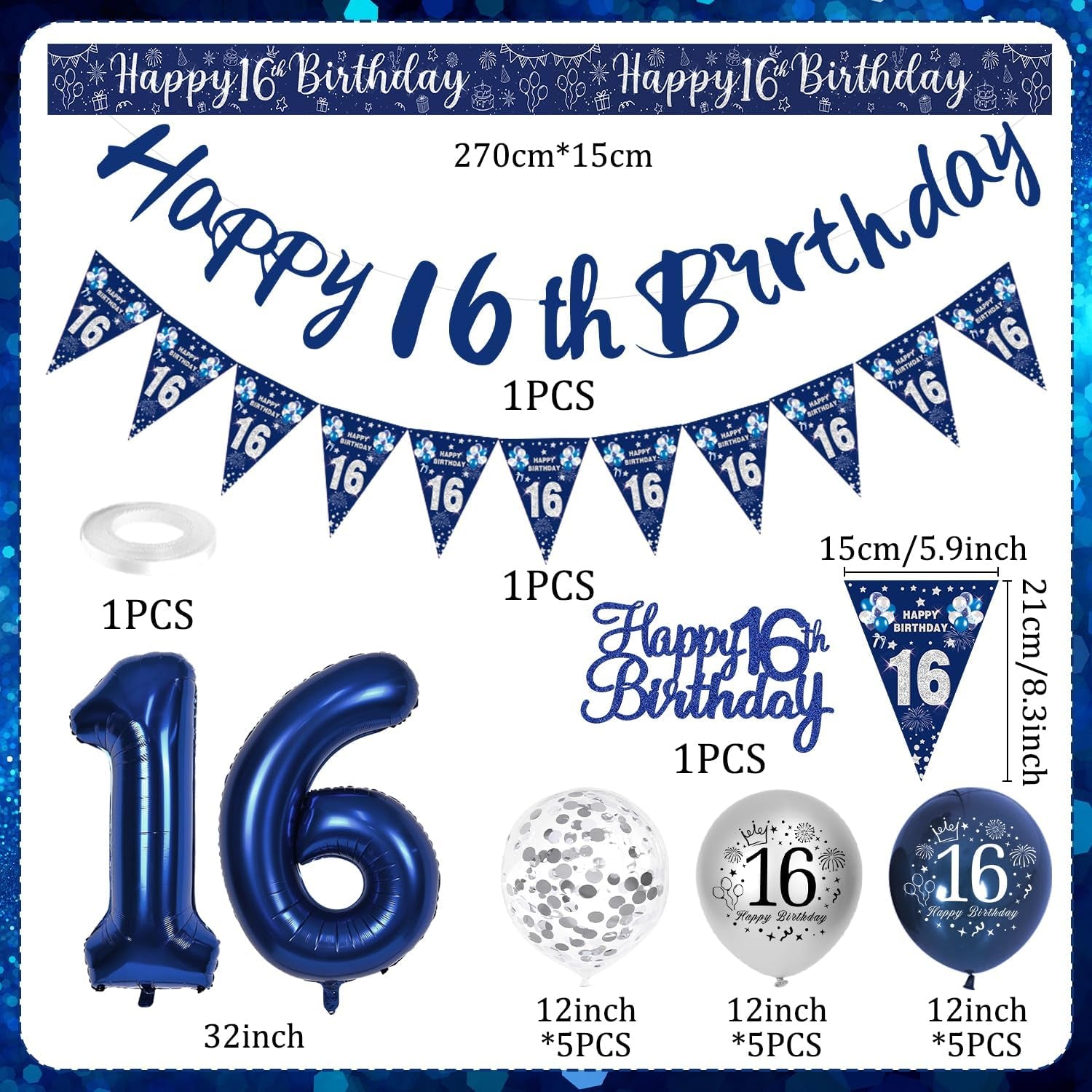 16Th Birthday Decorations Boys, Blue and Silver Happy 16Th Birthday Banner, Navy Blue and Sliver 16Th Birthday Balloons, Confetti Balloons 16Th Party Decorations for Boy, 16Th Birthday Party Supplies