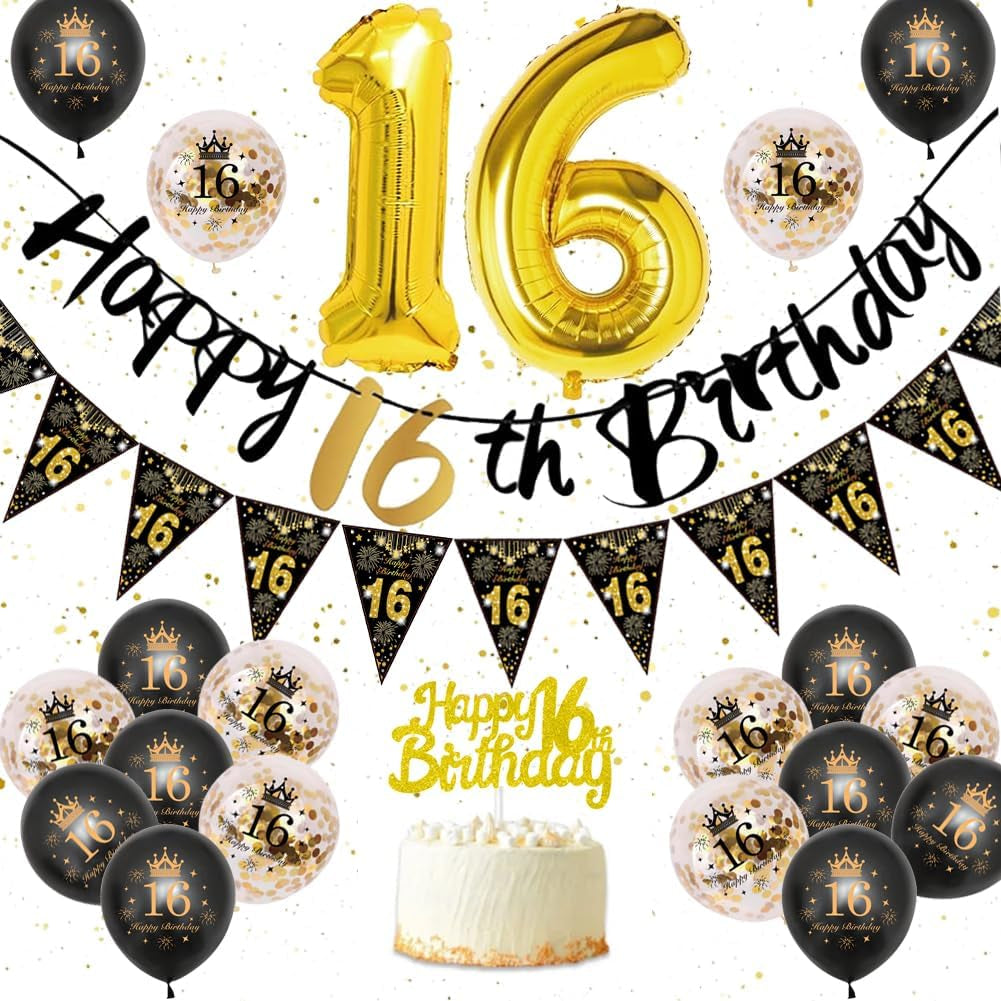 16Th Birthday Decoration, 16 Party Decoration Black Gold Balloons Birthday, 16Th Boy Girl Happy Birthday Banner Triangle 16 Balloon Decoration for Woman Birthday Party Cake Topper