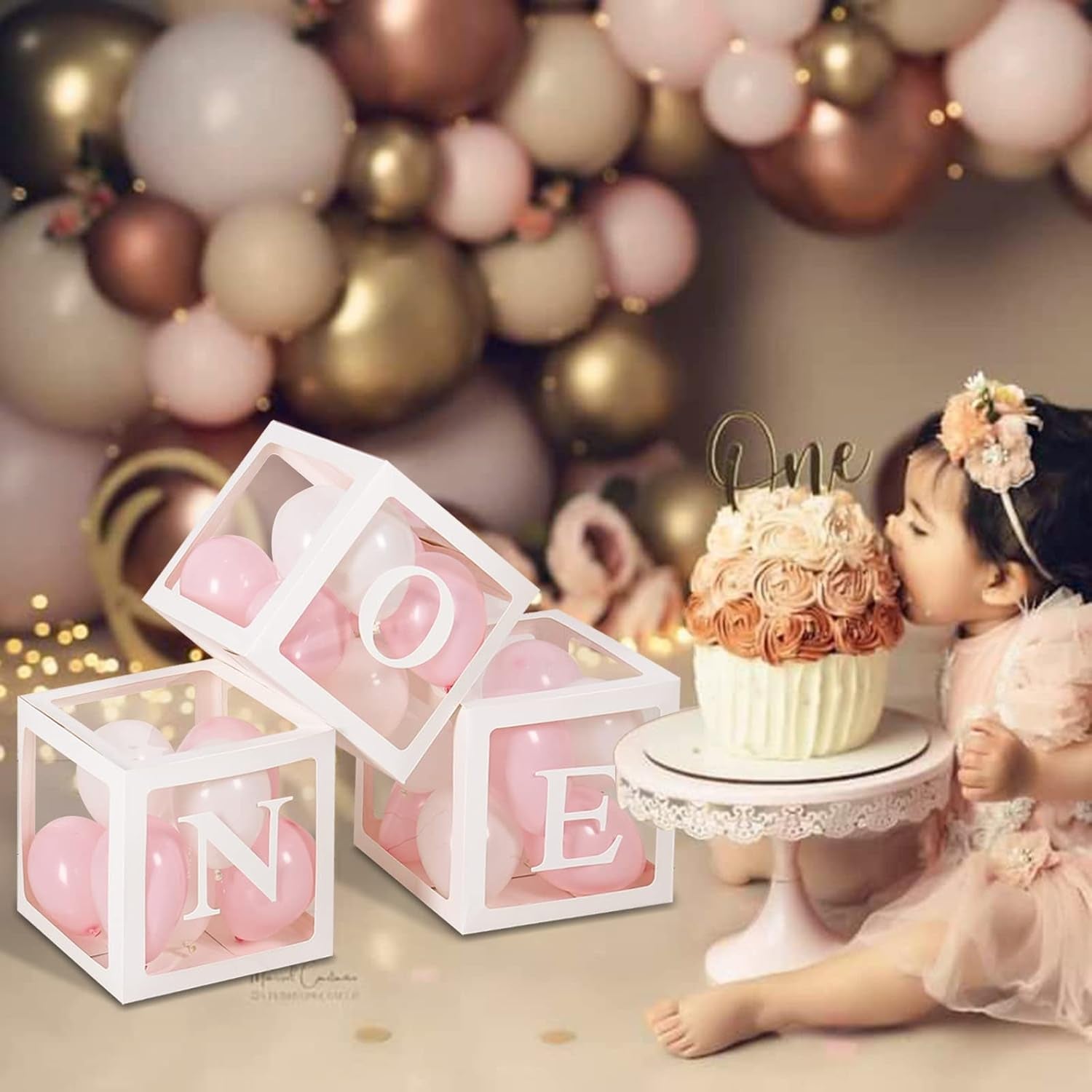 1St Birthday Party Decoration Boxes for Boys & Girls, 3 Pcs White Balloon Boxes with ONE Letter for Baby Shower, Balloon Blocks for First Birthday Decorations