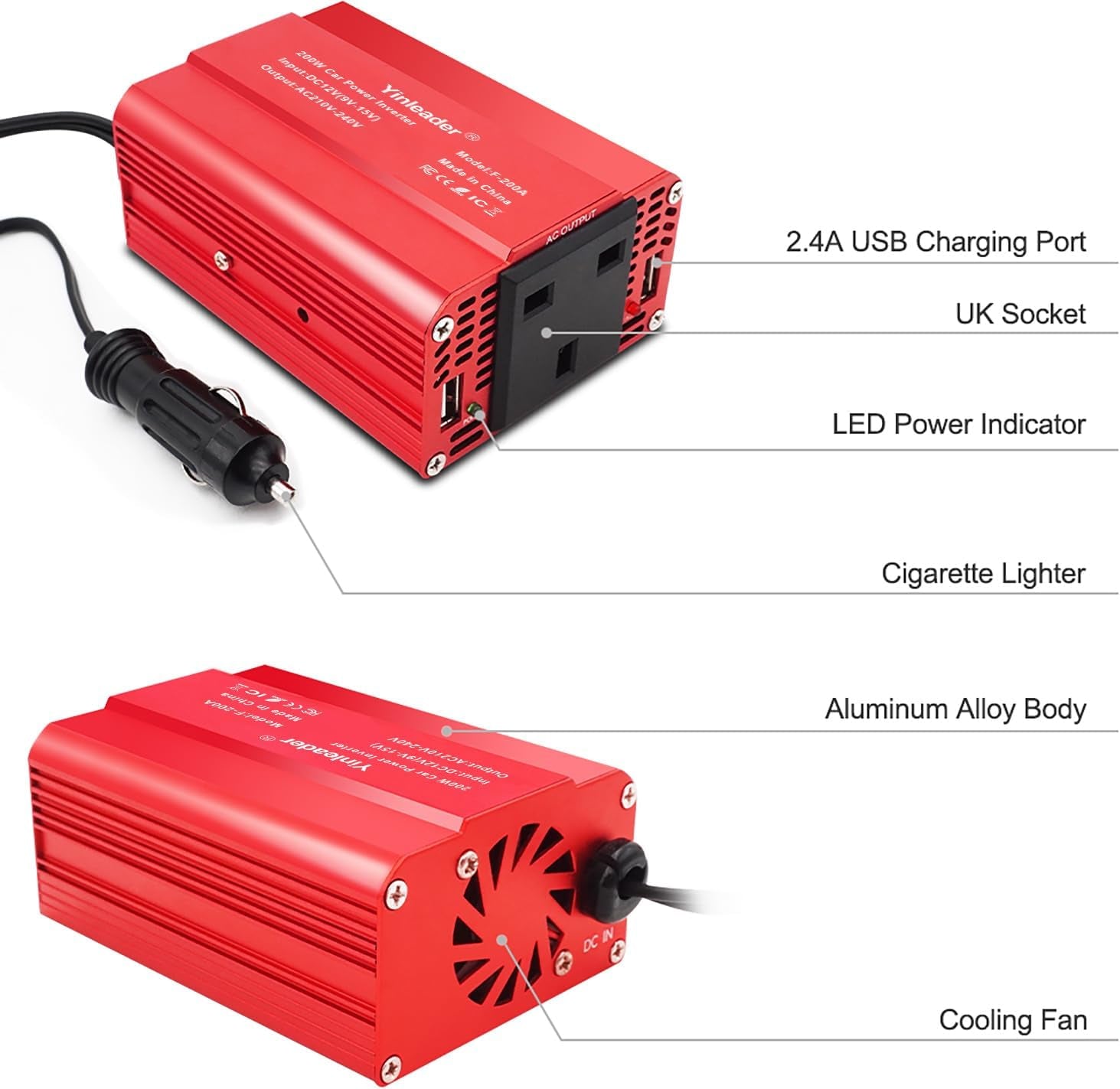 Power Inverter 200W 12V to 240V UK Socket Dual USB DC to AC Converter Car Cigarette Adapter