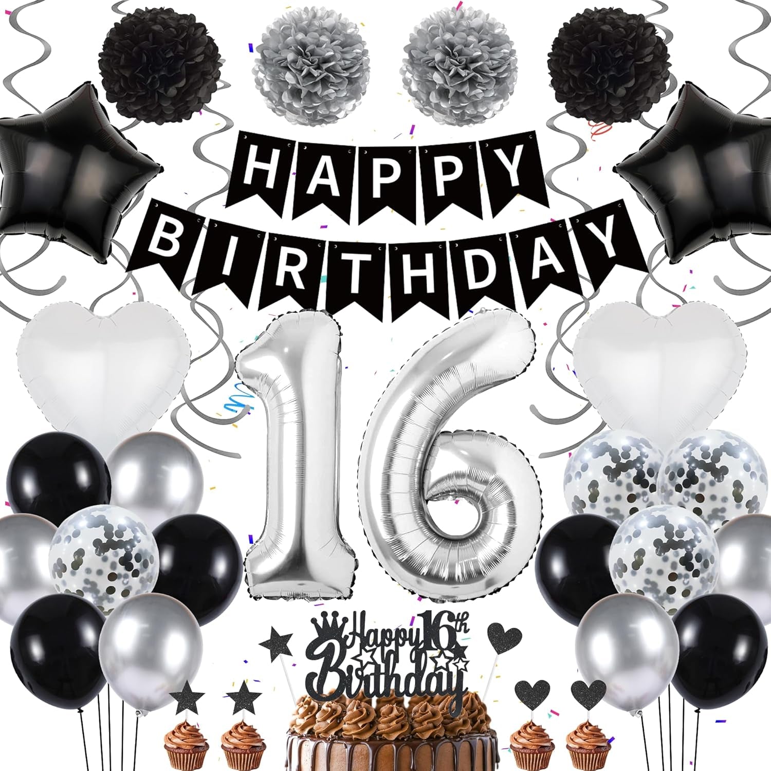 16Th Birthday Decorations Black Silver - 50 Pieces 16Th Decoration for Boys Number 16 Foil Balloon Birthday Banner Star Love Balloon Paper Flowers Cake Toppers for Girls Party Supplies