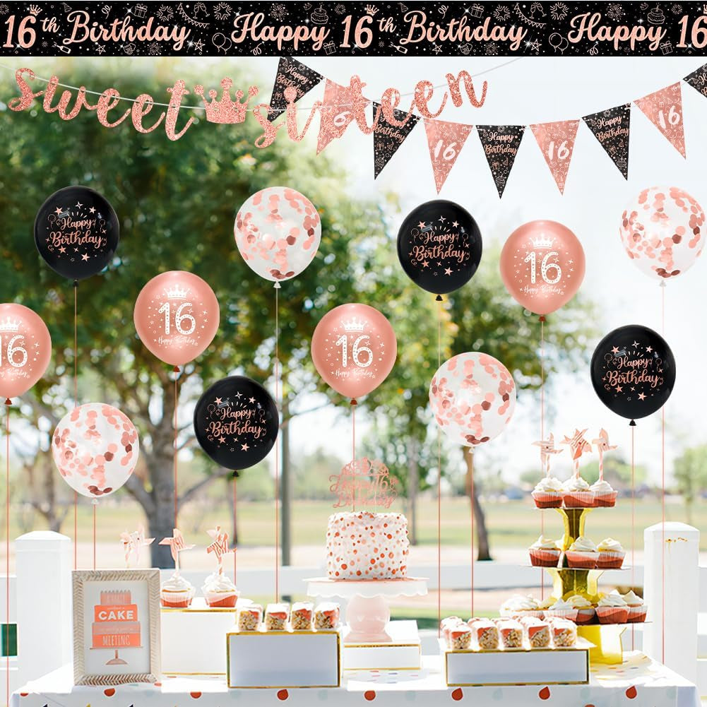 Girls 16Th Birthday Decorations Black Rose Gold Sweet Sixteen Decorations 16 Pack Girls Happy 16Th Birthday Banner Bunting Kit by