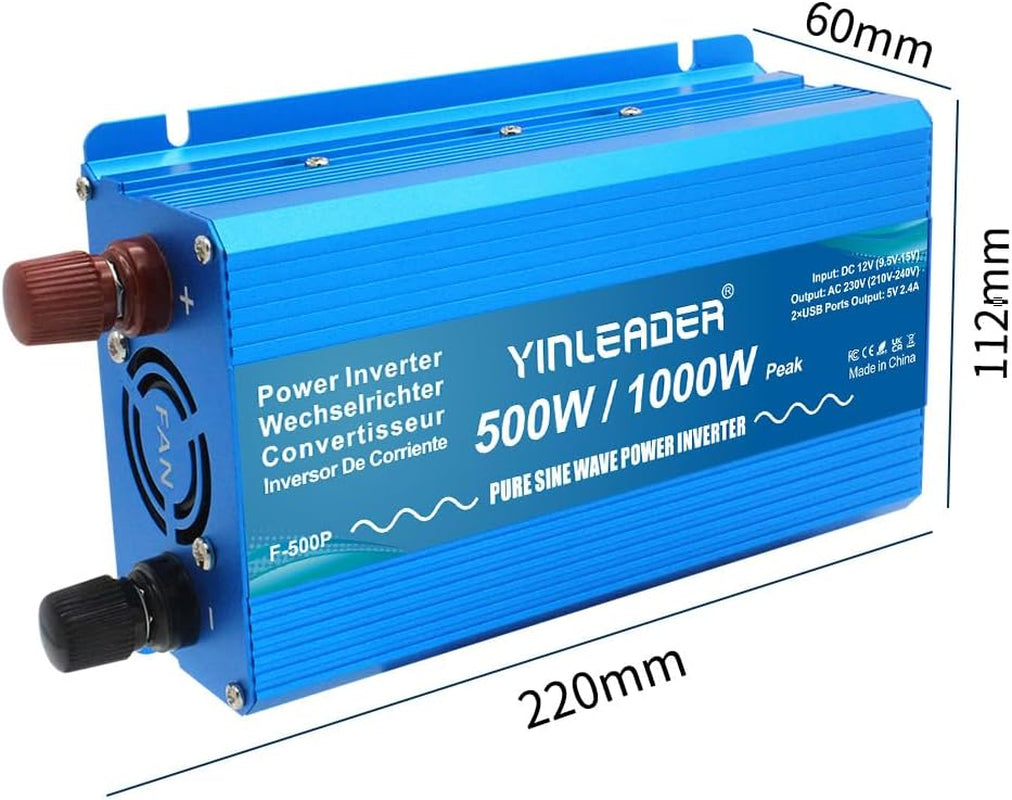 Pure Sine Wave Power Inverter 500W DC 12V to 240V AC Car Power Converter /1000W (Peak) with 2 USB Ports 1 AC Socket for Charge Phone, Pad, Laptop, LED