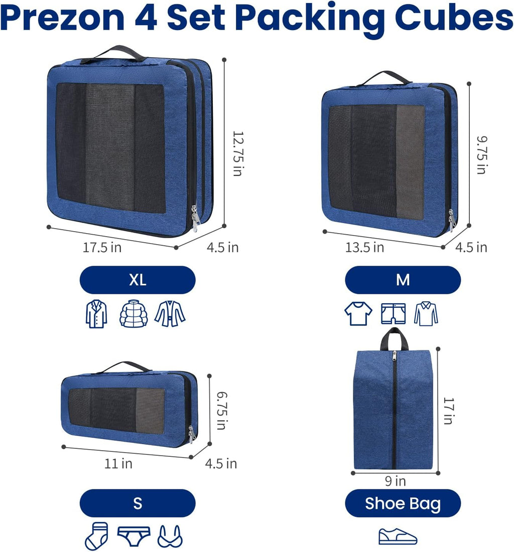 Large Compression Packing Cubes, Full Open Visible Design， Expandable Packing Organizer with Travel Shoe Bag for Suitcase & Backpack, 4 Set Lightweight Travel Bags for Vacation & Camping