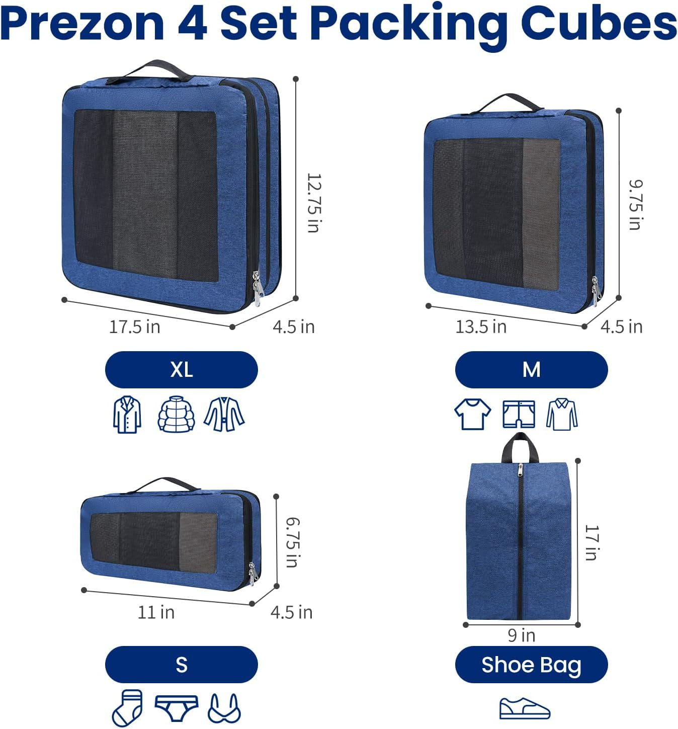 Large Compression Packing Cubes, Full Open Visible Design， Expandable Packing Organizer with Travel Shoe Bag for Suitcase & Backpack, 4 Set Lightweight Travel Bags for Vacation & Camping