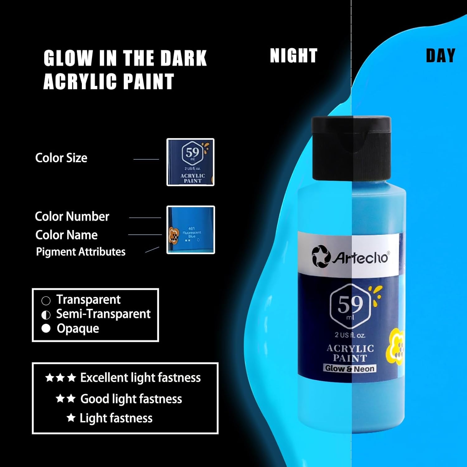 Acrylic Paint Set for Art Painting, Decorate, 6 Neon and Glow in the Dark Colors 2-In-1 2 Ounce/59Ml Acrylic Paint Supplies for Wood, Fabric, Crafts, Canvas, Leather&Stone