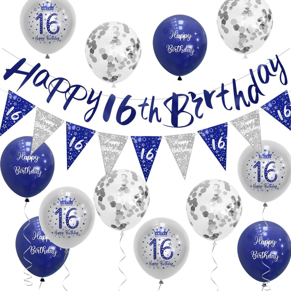 Boys 16Th Birthday Decorations Blue Silver Party Kit - Happy Birthday Banner Bunting