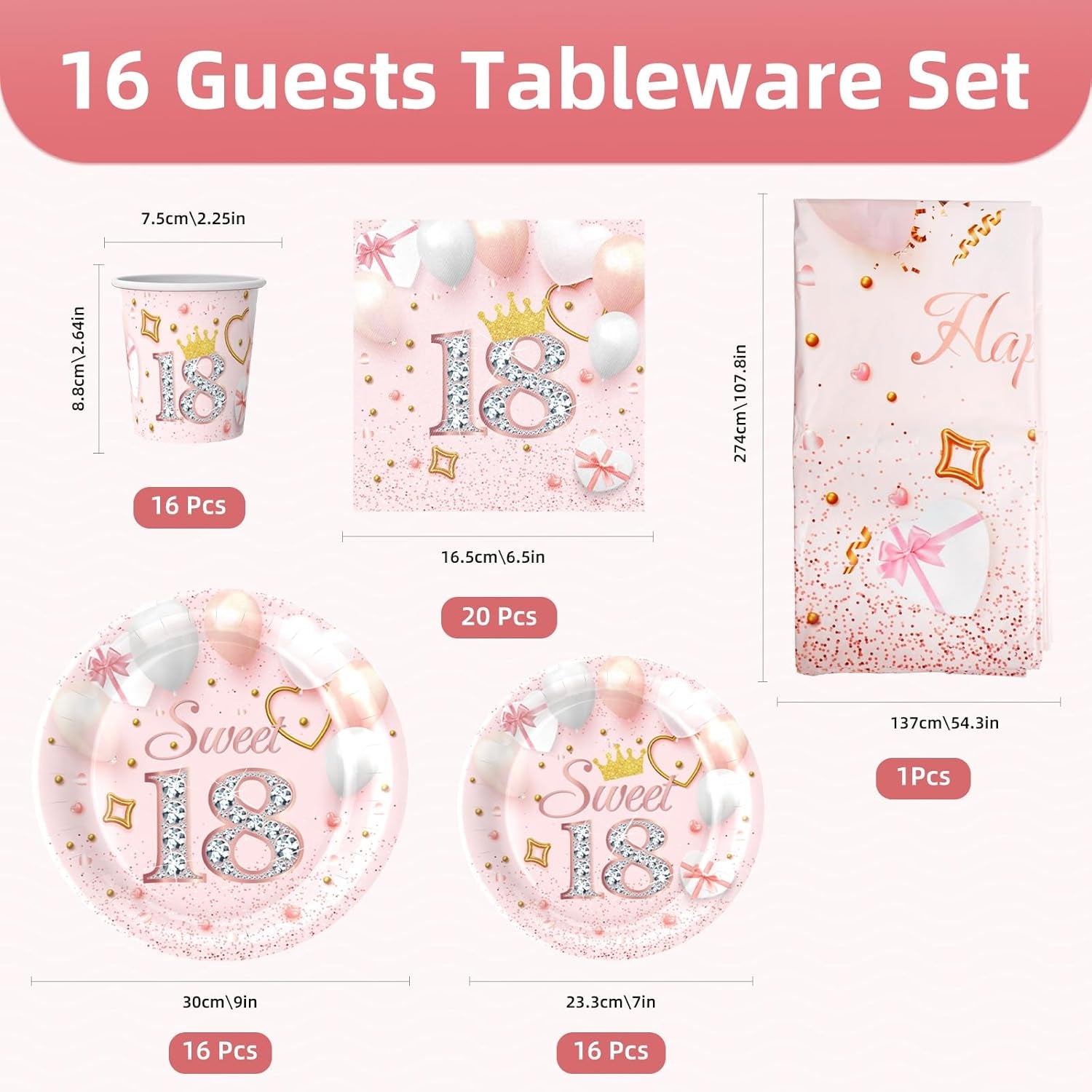 69Pcs Pink Happy 16Th Birthday Party Tableware Decorations for Girls, Disposable Set with Tablecloth, 7Inch Paper Plates, Napkins, Cups