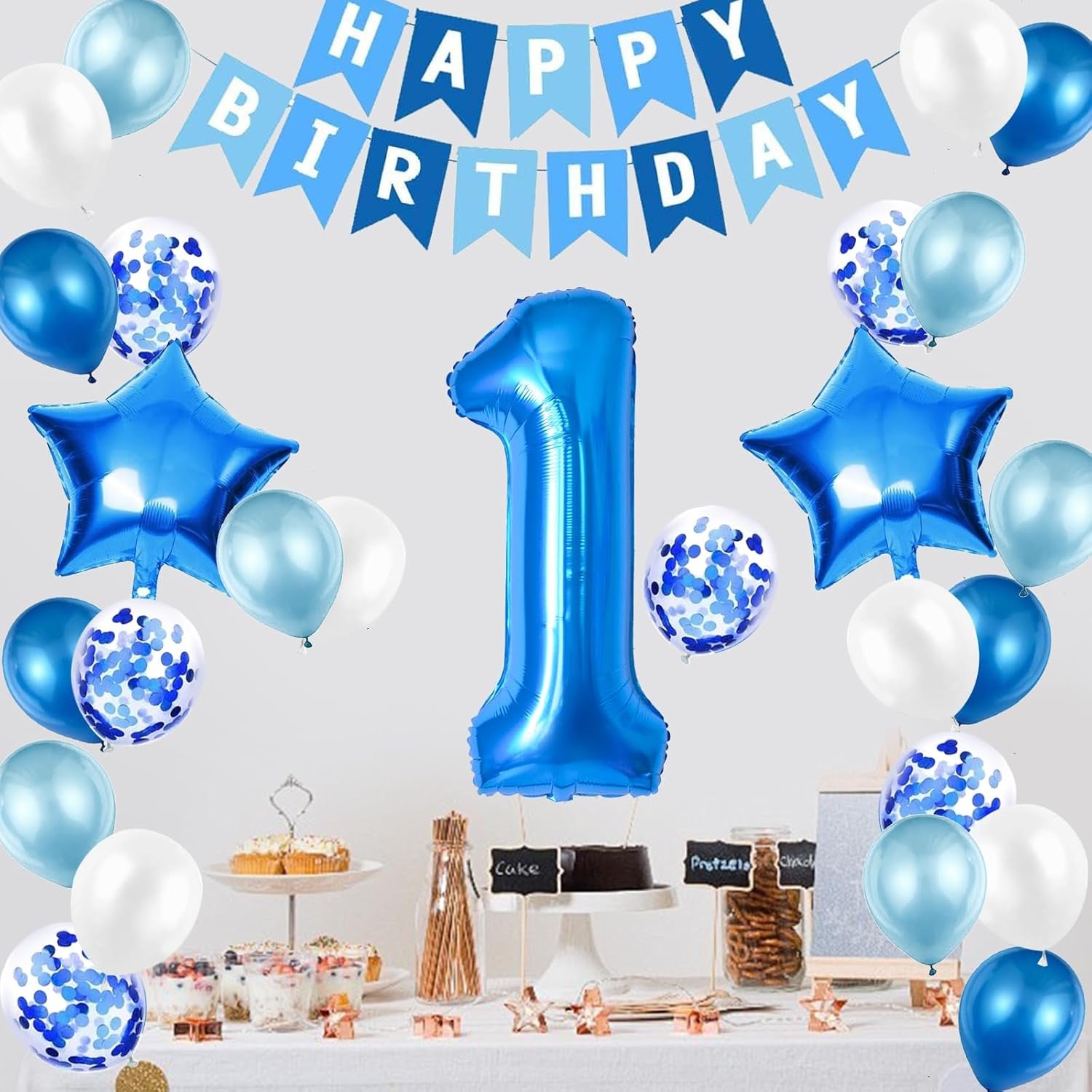 1St Birthday Decorations for Boys, Number 1 Balloon, Blue Silver 1St Party Decorations, Happy Birthday Bunting Banner, 32Inch Foil Number 1 Balloons Set for Birthday Party Anniversary Decorations