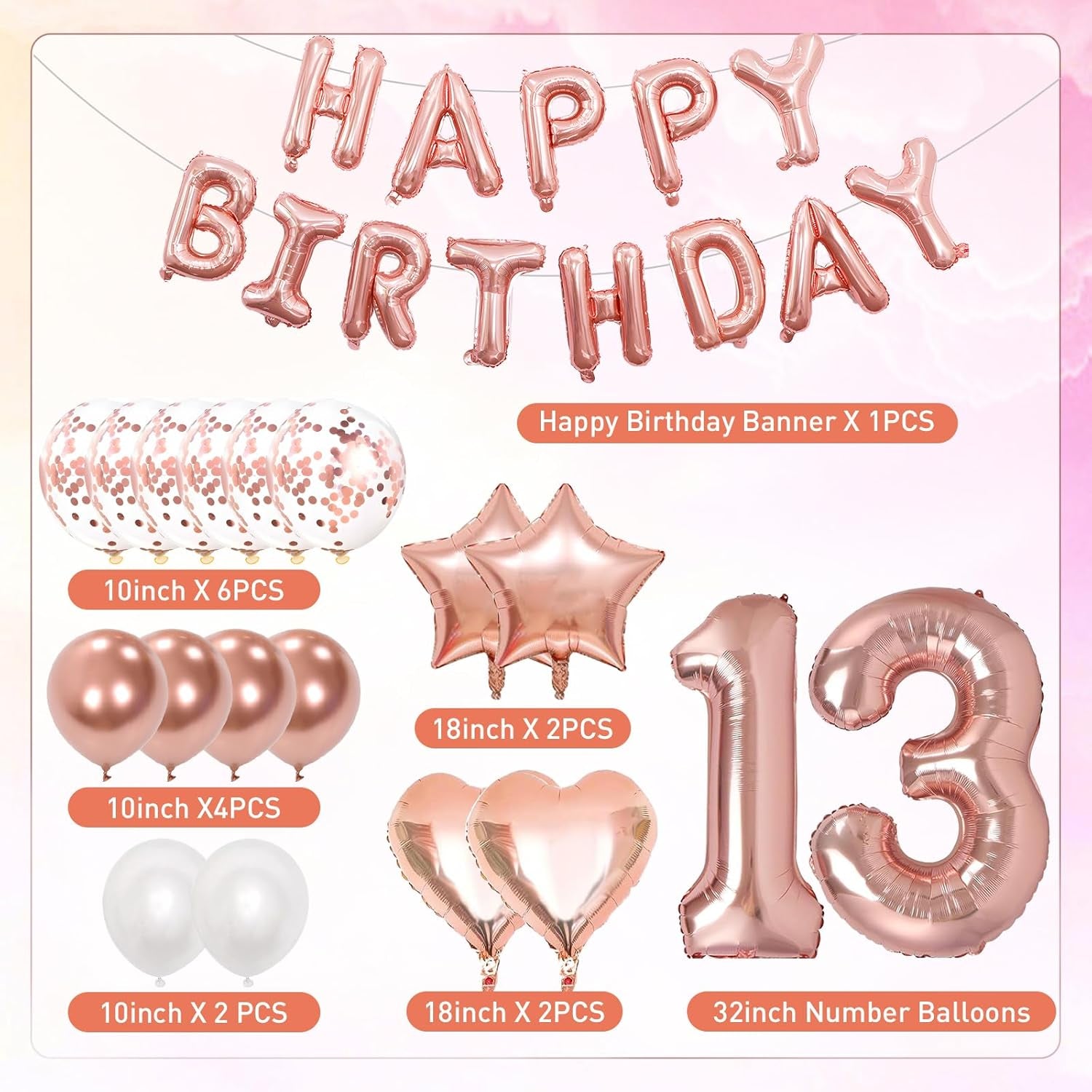 13Th Birthday Decorations for Girls, Rose Gold 13Th Birthday Decorations, Rose Gold 32 Inch Number 13 Foil Balloon with Banner, Star Confetti Balloon for 13 Party Deko