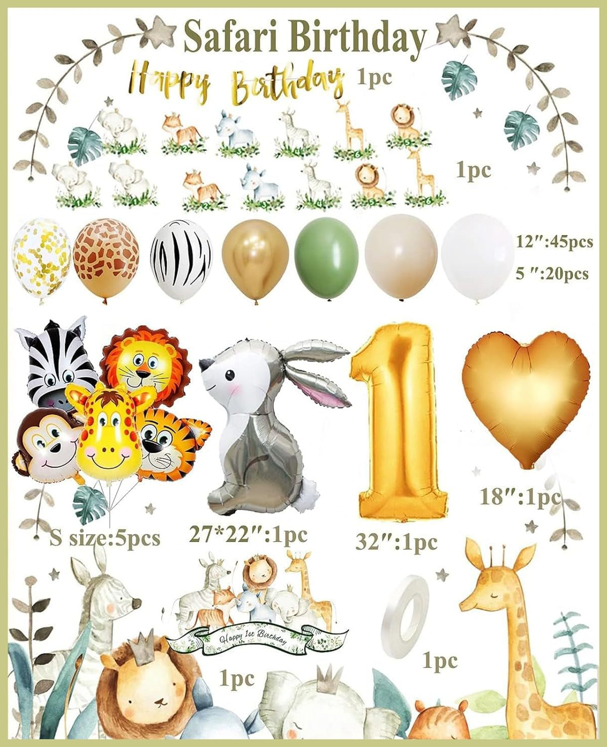 1St Birthday Decorations for Boys Girls, Wild One Birthday Decorations Jungle Safari First Birthday Decorations for Kids Boys