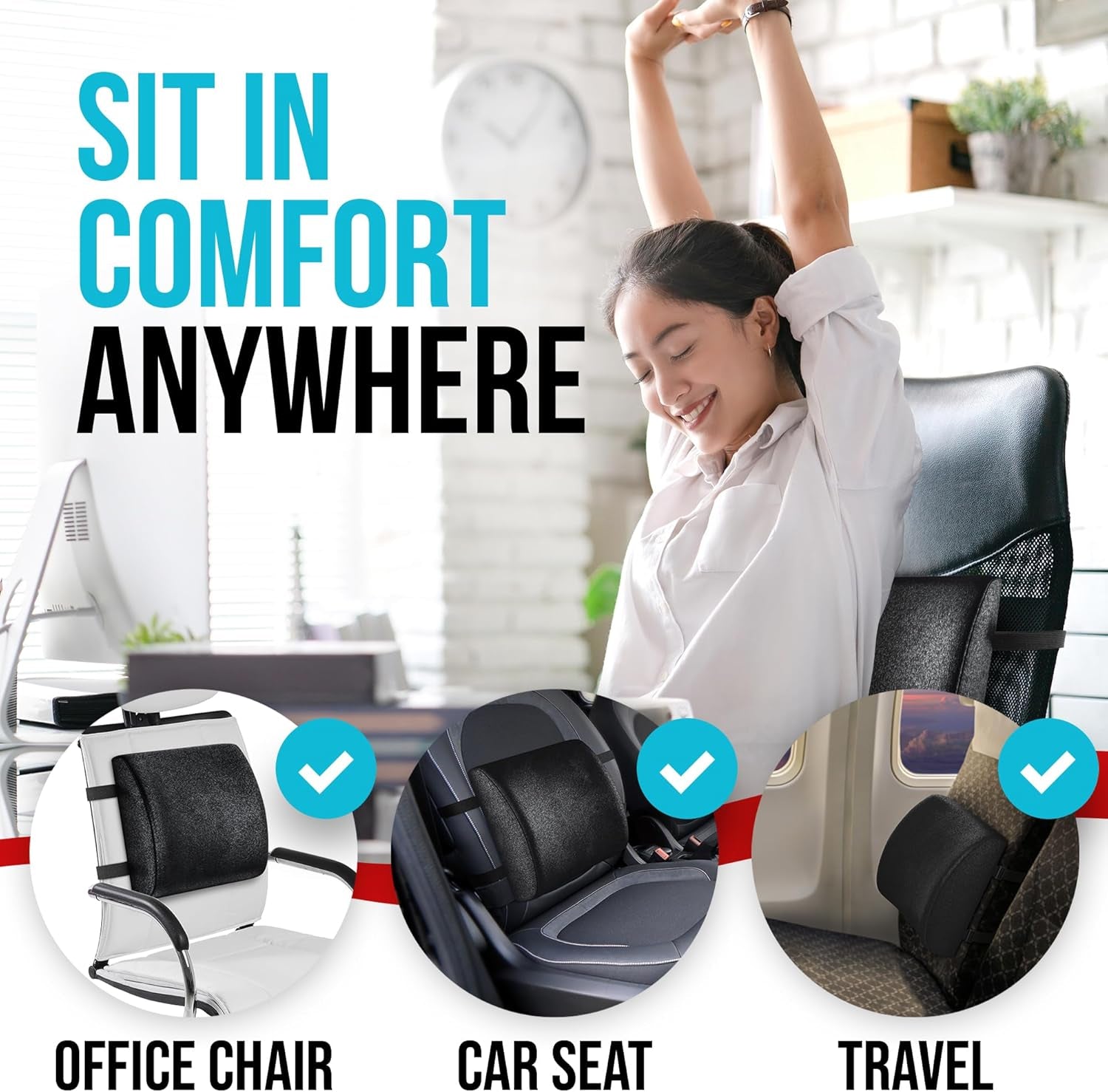 Lumbar Support Cushion, Back Support for Office Chair and Car Seat, Back Rest for Gaming Chair, Memory Foam Pillow, Desk Chair Cushion, Breathable & Washable Cover, Adjustable Straps