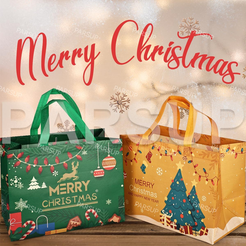 4PCS Christmas Gift Bags,Christmas Tote Bags with Handles, 2023 Christmas Treat Bags, Multifunctional Non-Woven Christmas Bags for Gifts Wrapping Shopping, Xmas Party Supplies, 32.5×25×17Cm