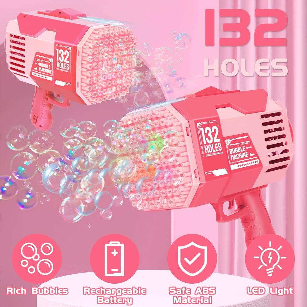 Bazooka Bubble Gun, 132 Holes Bubble Machine with Extra 10 Concentrated Bubbles Solution, Bubble Kids Toy for Boys Girls, Bubble Blaster for Birthday, Wedding, Outdoor Fun (Pink)