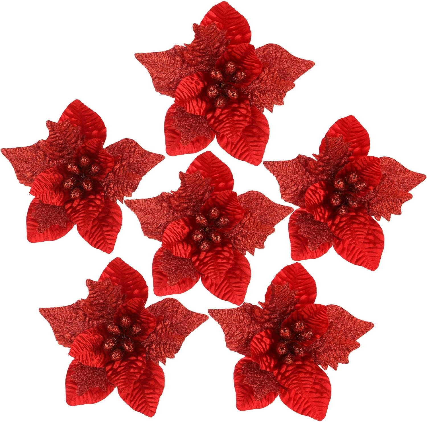6-Pack Artificial Glitter Poinsettia Christmas Flower Ornaments Tree Decorations, 10-Inch, Red
