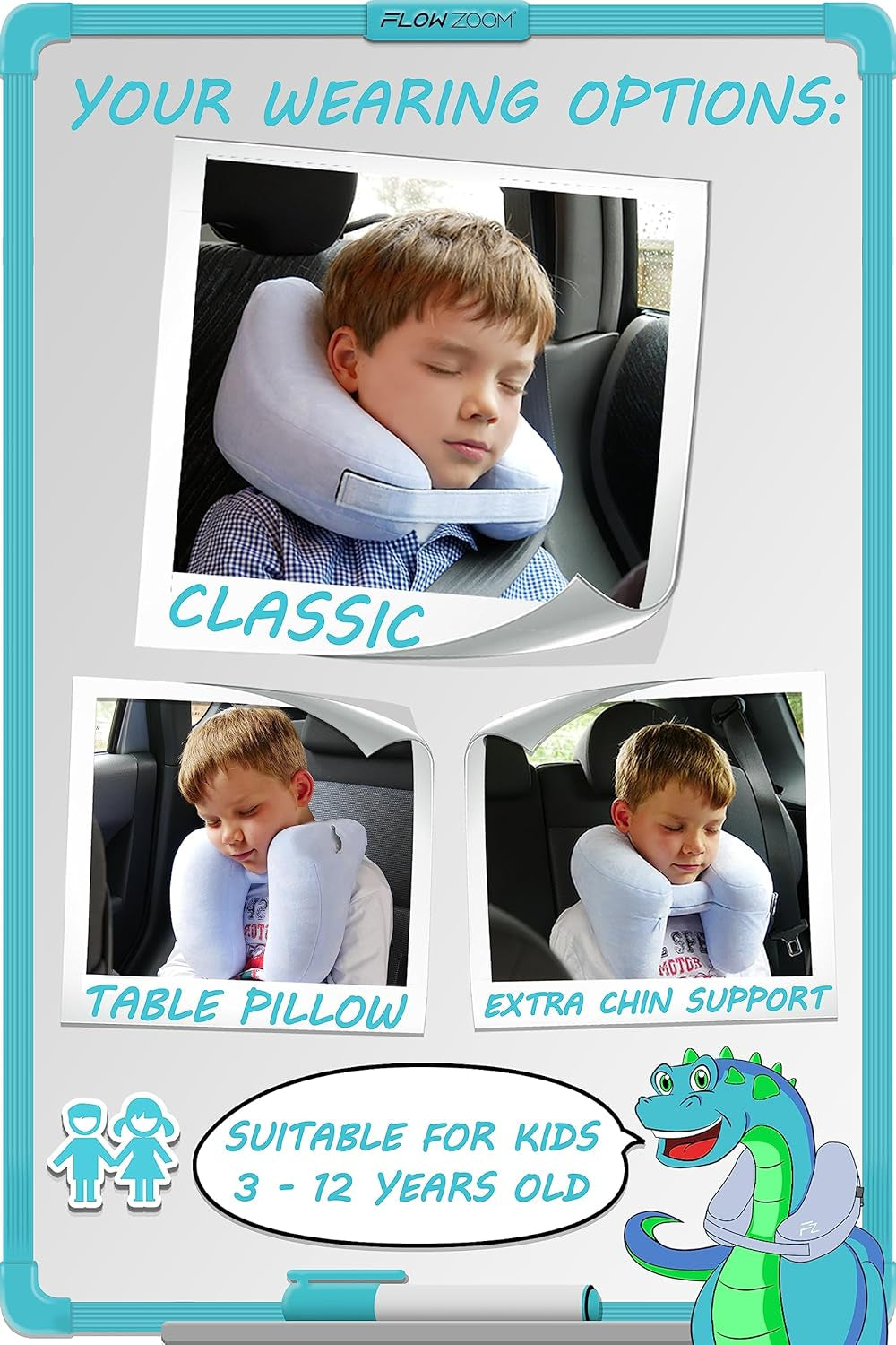 Air Inflatable Kids Travel Pillow for Airplane - H-Shape Car Pillow for Kids with 5 Sleeping Positions, Quick Inflation, Adjustable Pressure, Soft Plush Cover – Ages 3-12, Skyblue