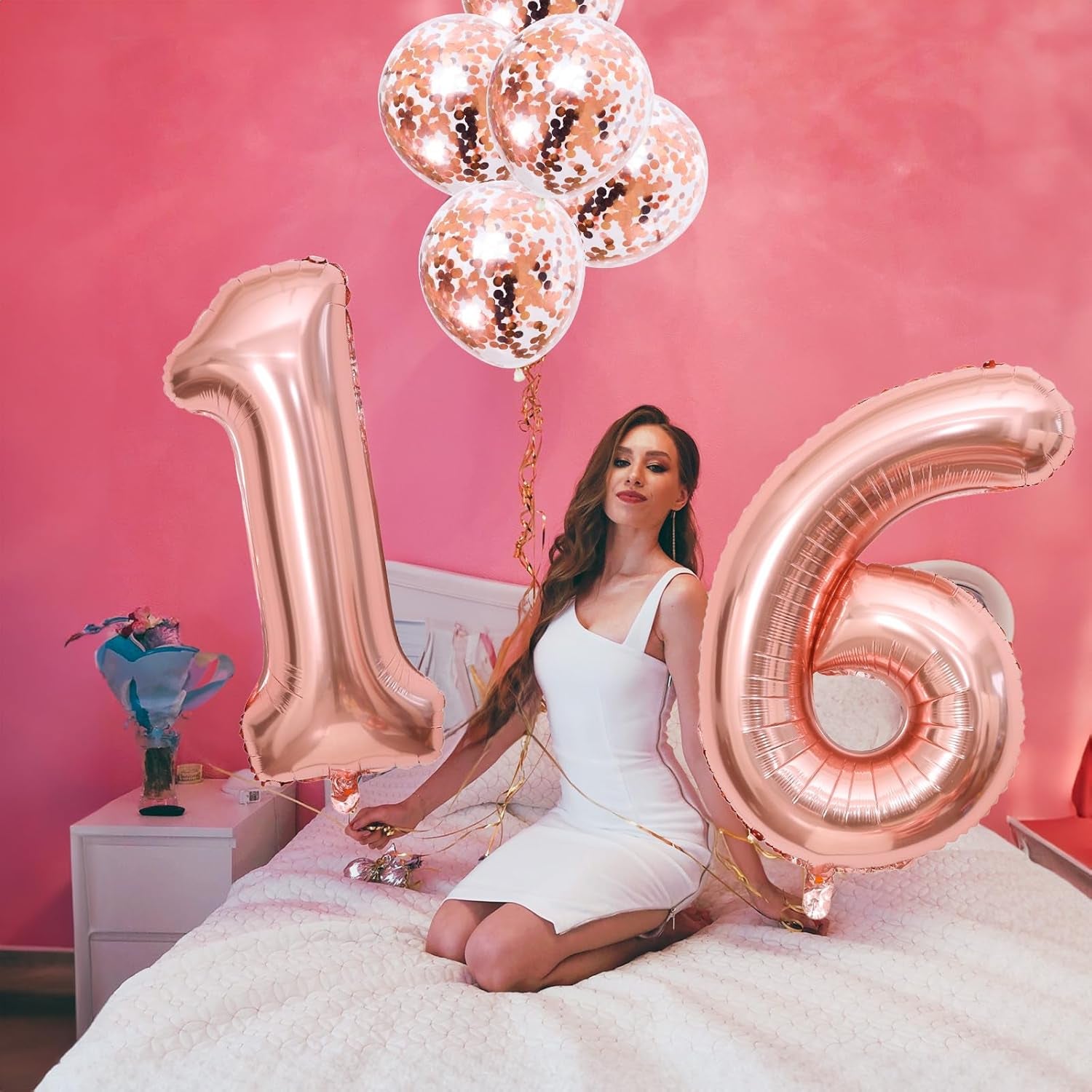 16Th Birthday Balloons for Girls, 40 Inch Foil Self Inflating Number 16 Balloons with Rose Gold Confetti Balloons, Large Balloons for Women 61St Birthday Party Decor Anniversary Decorations Supplies