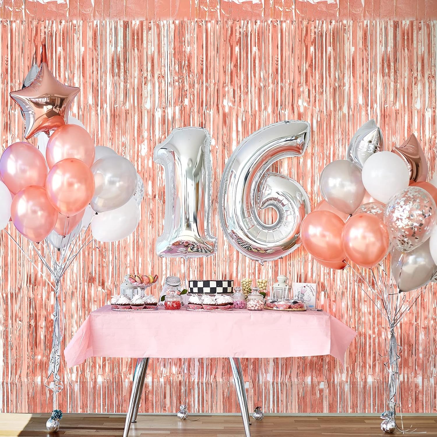 2Pcs 1M X 2.5M Rose Gold Tinsel Foil Fringe Curtains Streamers Backdrop for Birthday Graduation Engagement Bridal Shower Bachelorette Baby Shower Holiday Party Decorations