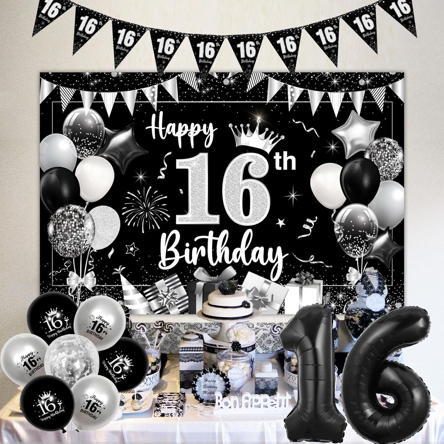 16Th Birthday Decorations Silver, Happy Birthday Backdrop Banner 16Th Birthday Bunting Black Silver Girls, Black 16 Foil Balloon Confetti Balloons for Sweet Sixteen 16 Years Birthday Party