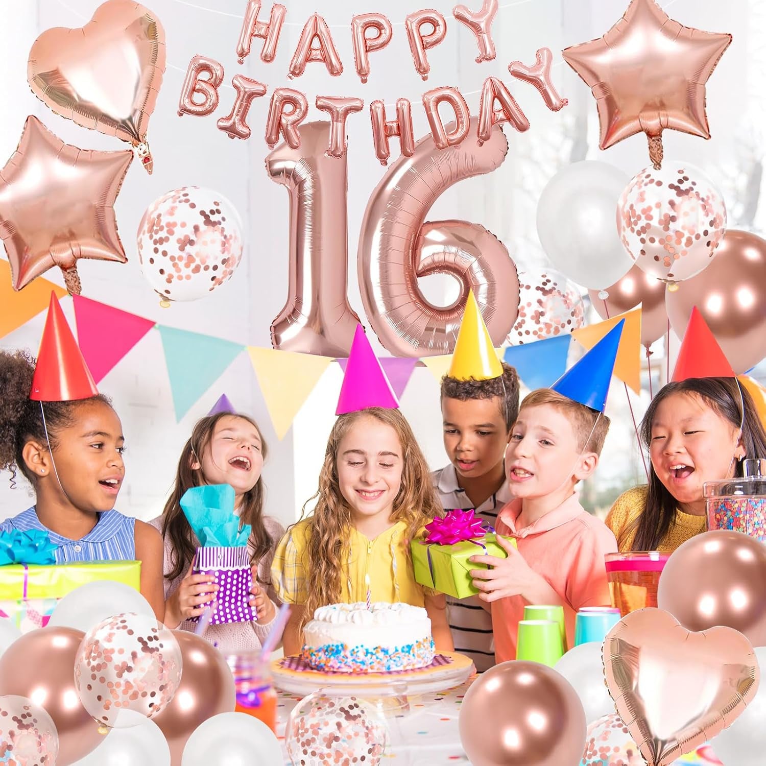 16Th Birthday Decorations for Girls, Rose Gold 16Th Birthday Decorations, Rose Gold 32 Inch Number 16 Foil Balloon with Banner, Star Confetti Balloon for 16 Party Deko