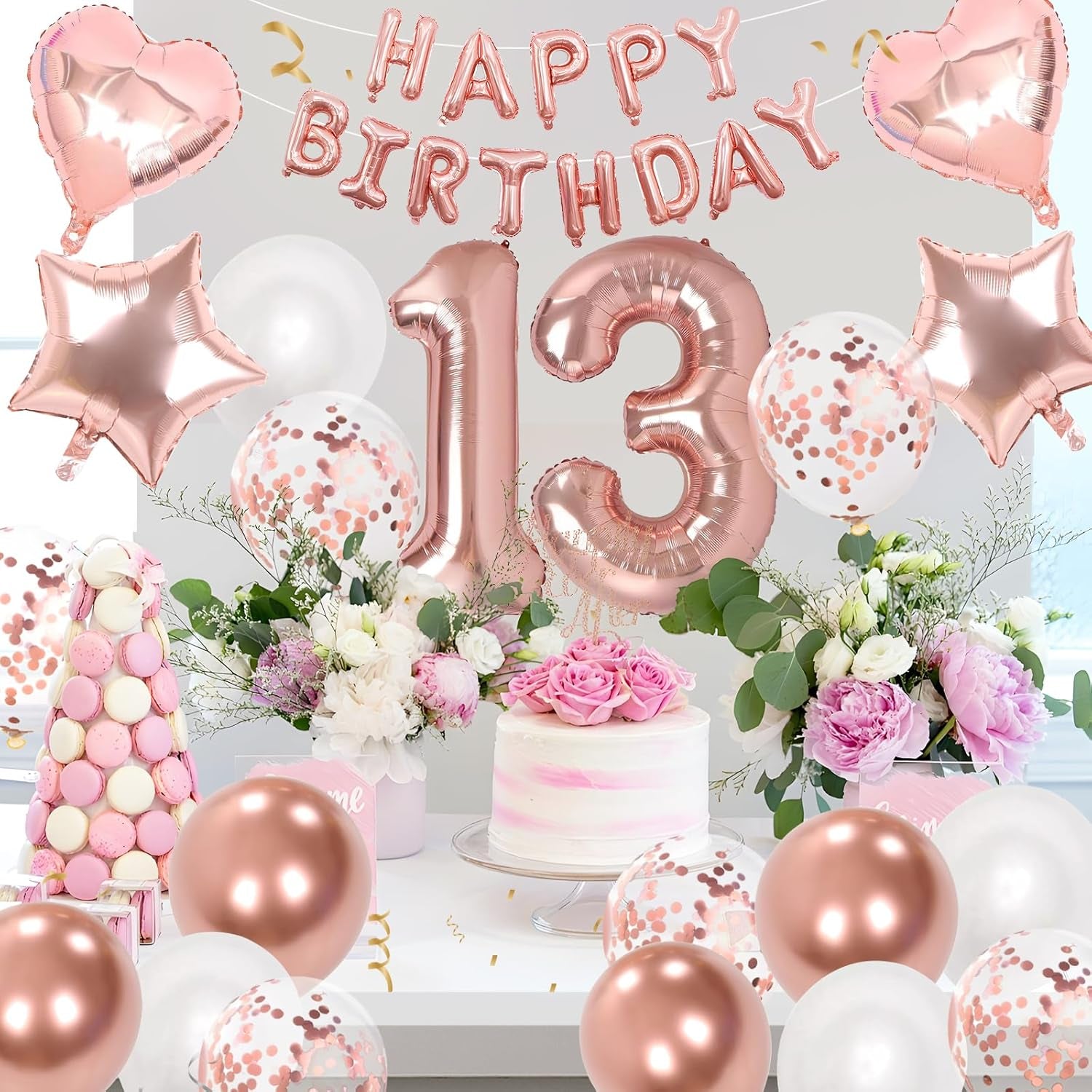 13Th Birthday Decorations for Girls, Rose Gold 13Th Birthday Decorations, Rose Gold 32 Inch Number 13 Foil Balloon with Banner, Star Confetti Balloon for 13 Party Deko
