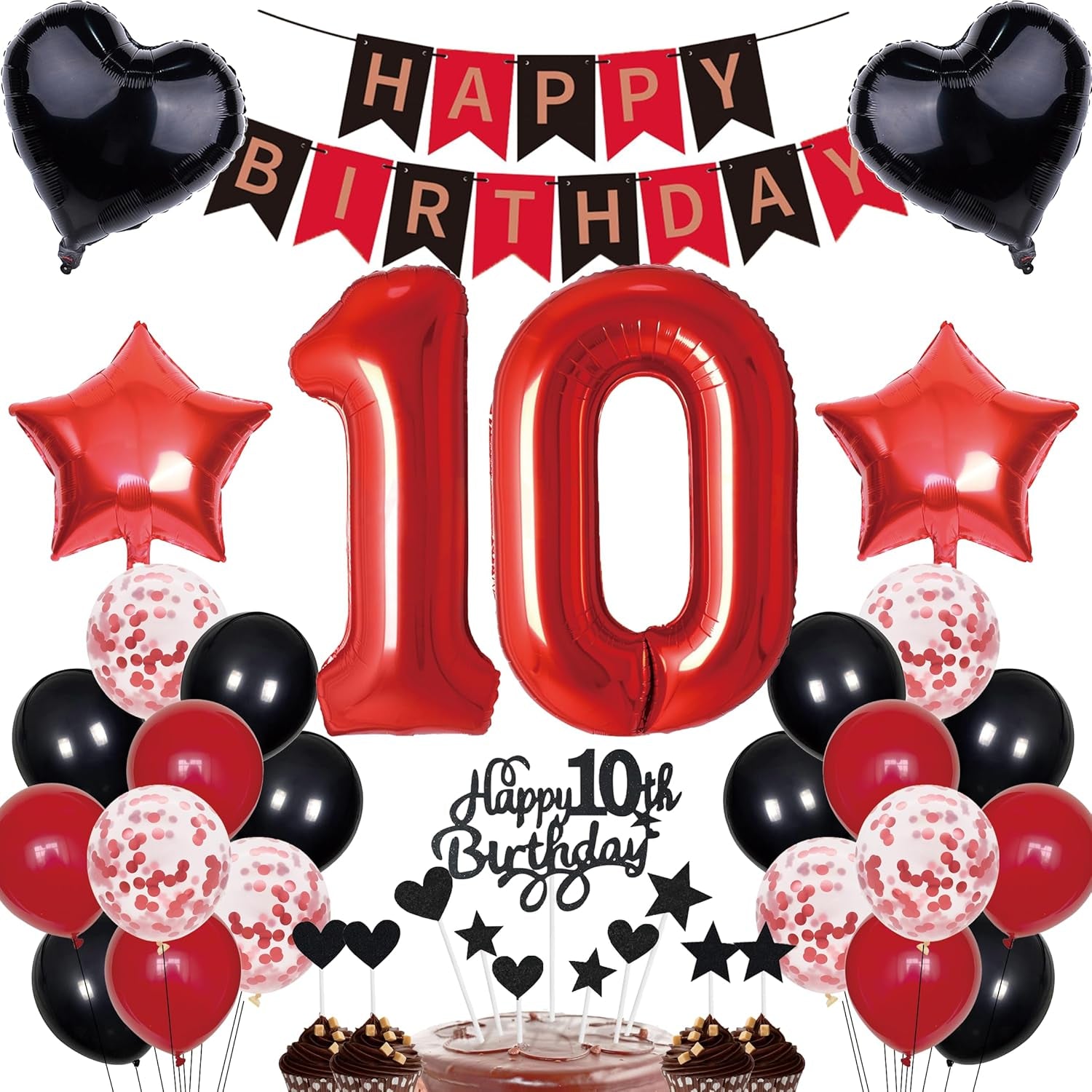 10Th Birthday Decorations for Boy Girl - Red Black Cake Decoration Set with Happy Birthday Banner - Number 10 Party Supplies