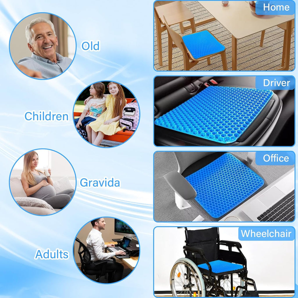 Large Gel Seat Cushion,Double Thick Soft Sitter Cushion,Honeycomb Design Seat Cushion with Relieving Back Coccyx Pain Pressure,Gel Orthopaedic Ergonomic Cushions for Car Office Home Wheelchair&Chair