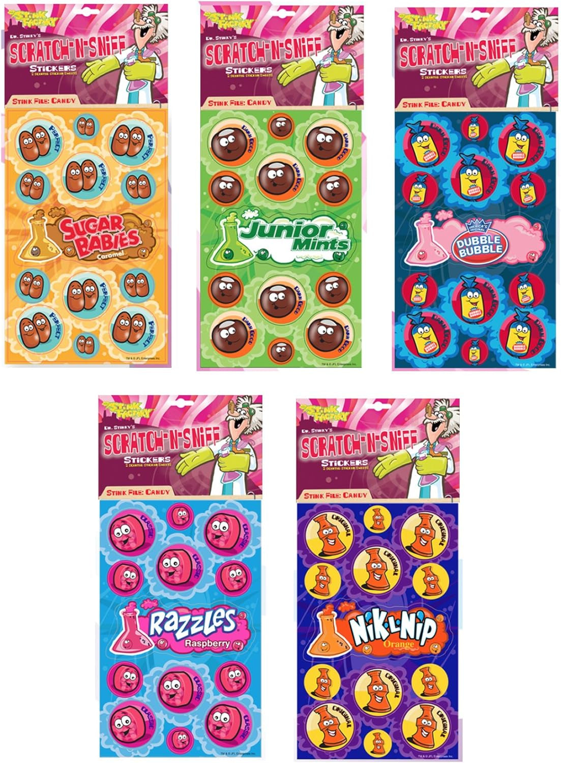 Dr. Stinky'S Scratch N Sniff Stickers 5-Pack, Sugar Babies, Junior Mints, Dubble Bubble, Razzles Raspberry, Nik-L-Nip Orange