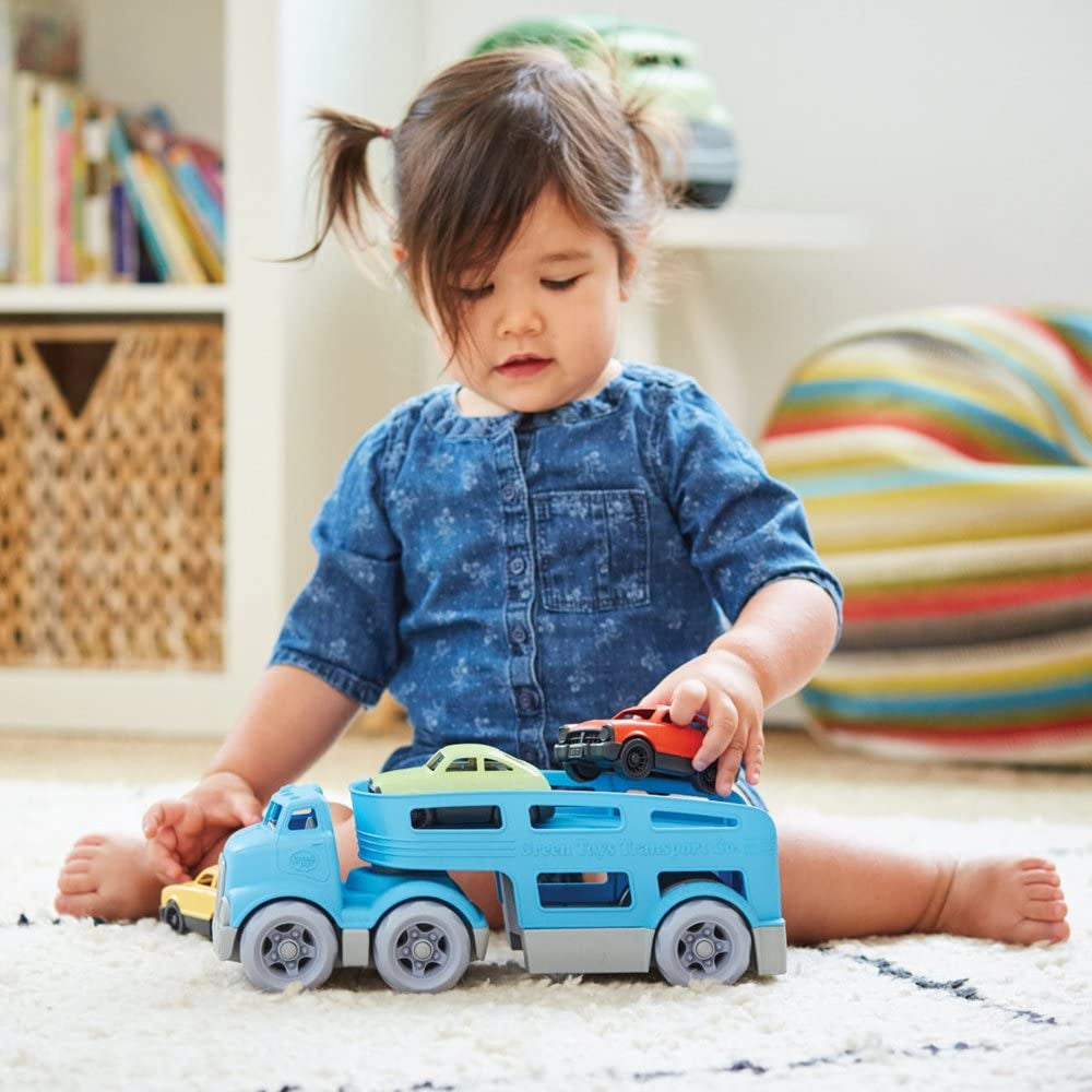 Car Carrier, Blue - Pretend Play, Motor Skills, Kids Toy Vehicle. No BPA, Phthalates, PVC. Dishwasher Safe, Recycled Plastic, Made in USA (4 Piece Set)