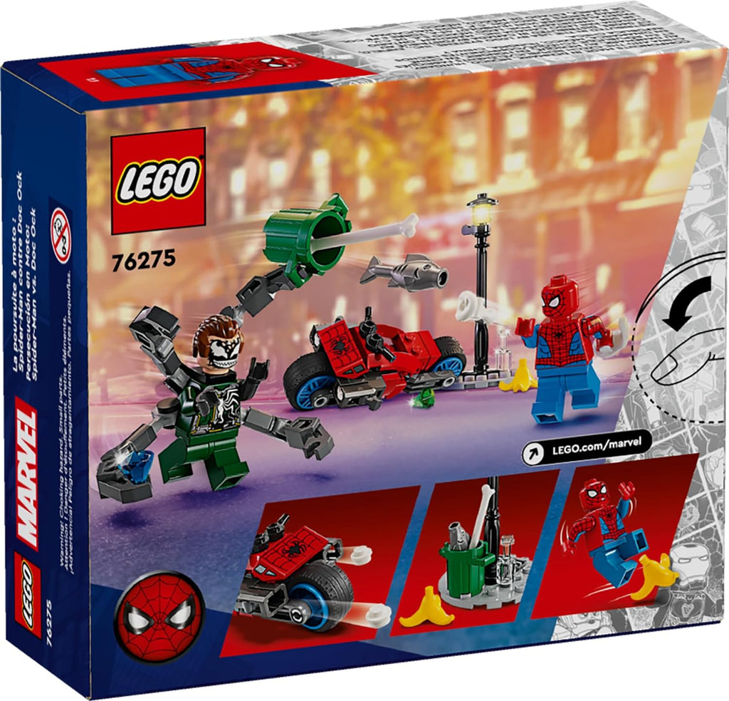 Marvel Motorcycle Chase: Spider-Man Vs. Doc Ock, Buildable Toy for Kids with Stud Shooters and Web Blasters, 2 Marvel Minifigures, Super Hero Toy, Gift for Boys and Girls Aged 6 and Up, 76275