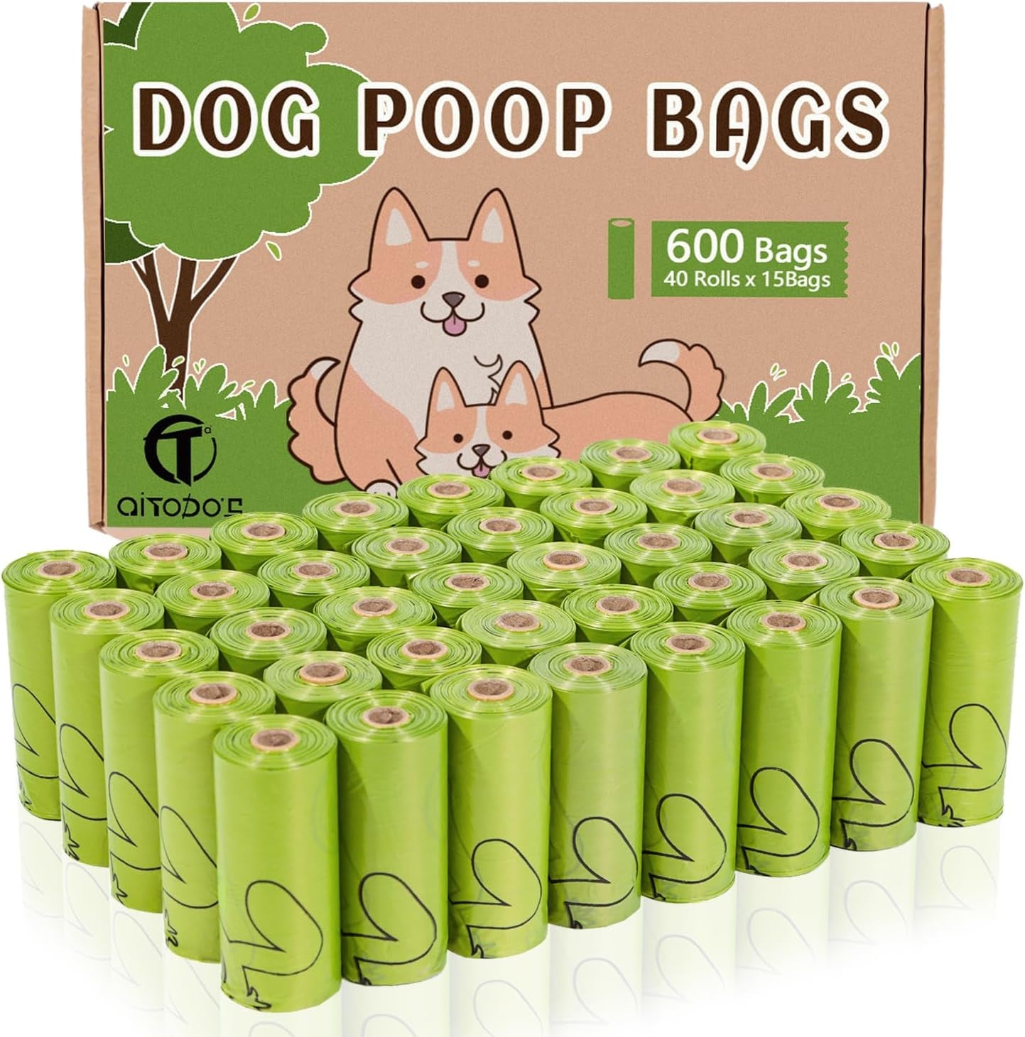 Aitodos® 600Pcs Poo Bags Dogs, Sturdy and Leak Proof, Easy to Carry, Mixed PET, Polyethylene(Pet) + Corn Starch-Dog Poop Bag Rolls- 12.5 * 9 Inches, Green (40 Rolls of 15 Counts)