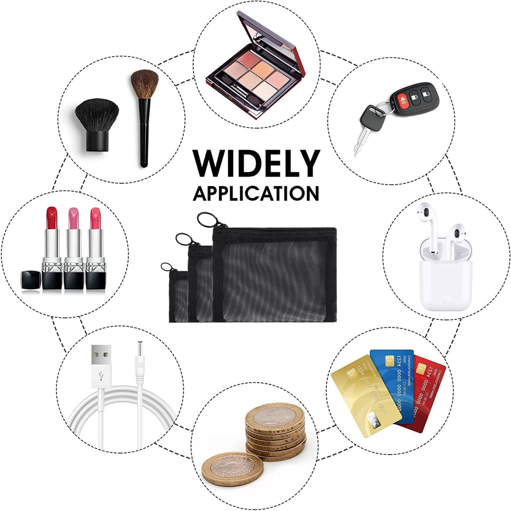 6 Packs Mini Zipper Toiletry Bag, Clear Mesh Zipper Cosmetic Small Purse Black Nylon Waterproof Small Purse Makeup Bag for Women, Portable Office Stationery Pouch.