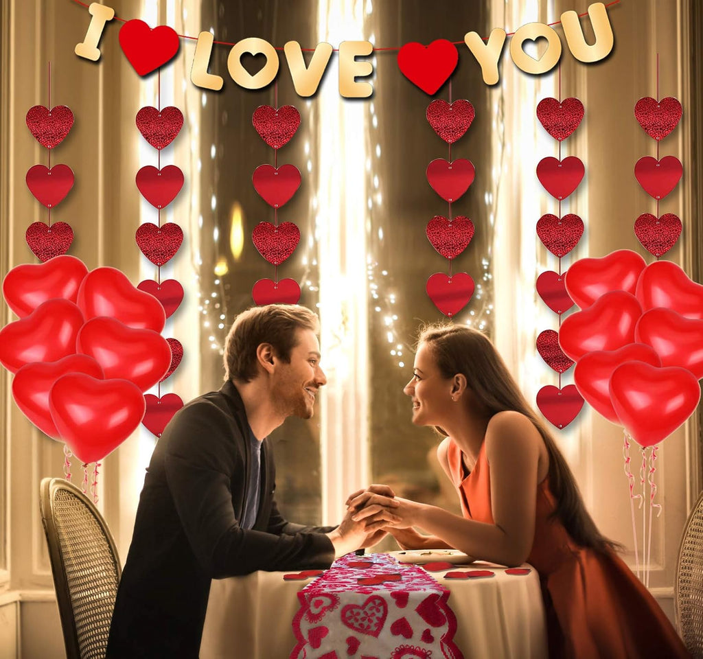 Valentines Day Decorations Kit 1000 Pcs Red Rose Petals 10 Pcs Heart Balloons 6 PCS Heart Garland I Love You Felt Garland Banner Table Runner for Valentines Day Decor Wedding Anniversary Engagement