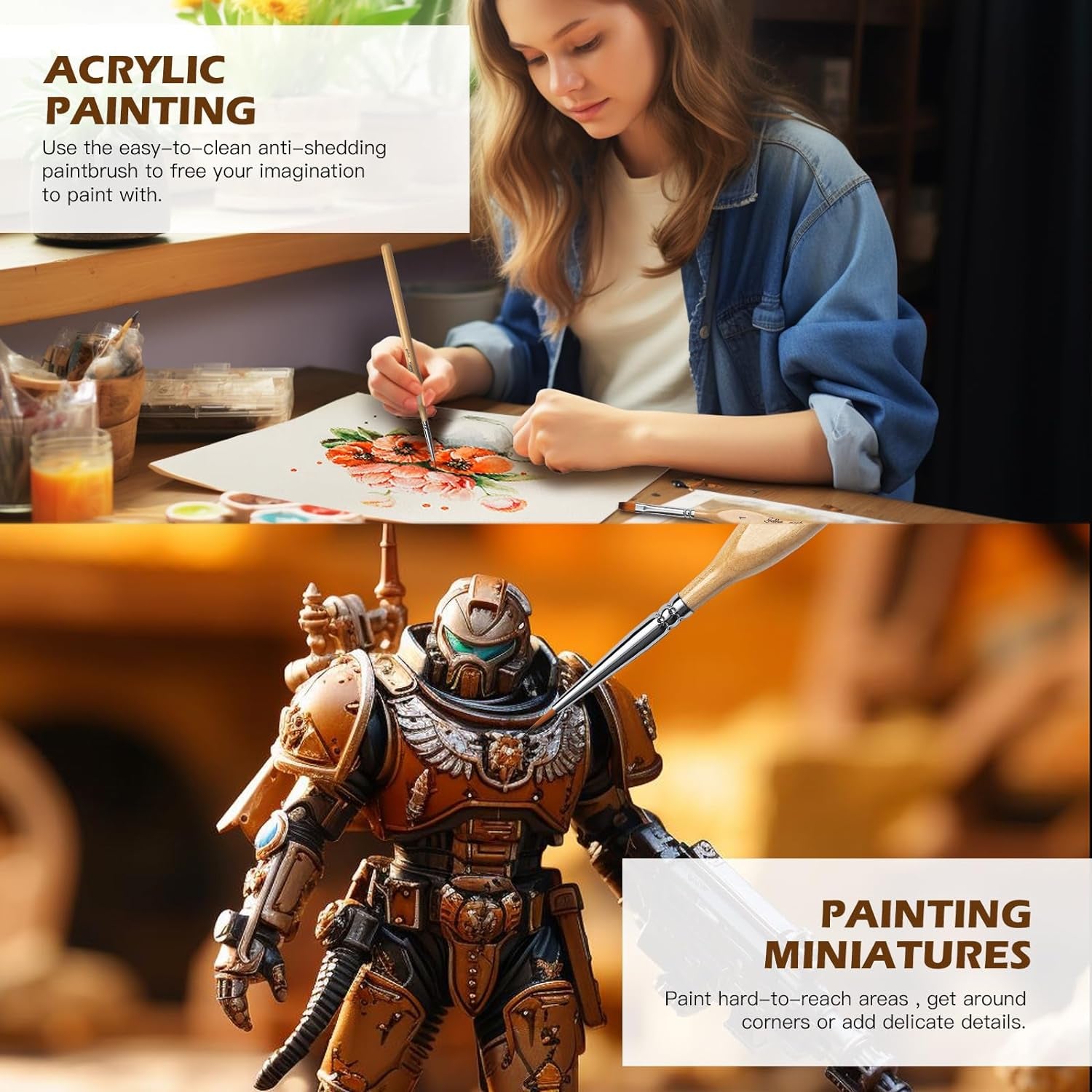 Miniature Paint Brushes, 15PC Model Brushes Micro Detail Paint Brush Set, Fine Detailing for Acrylics, Oils, Watercolors & Paint by Number, Figurine (Wood Color)