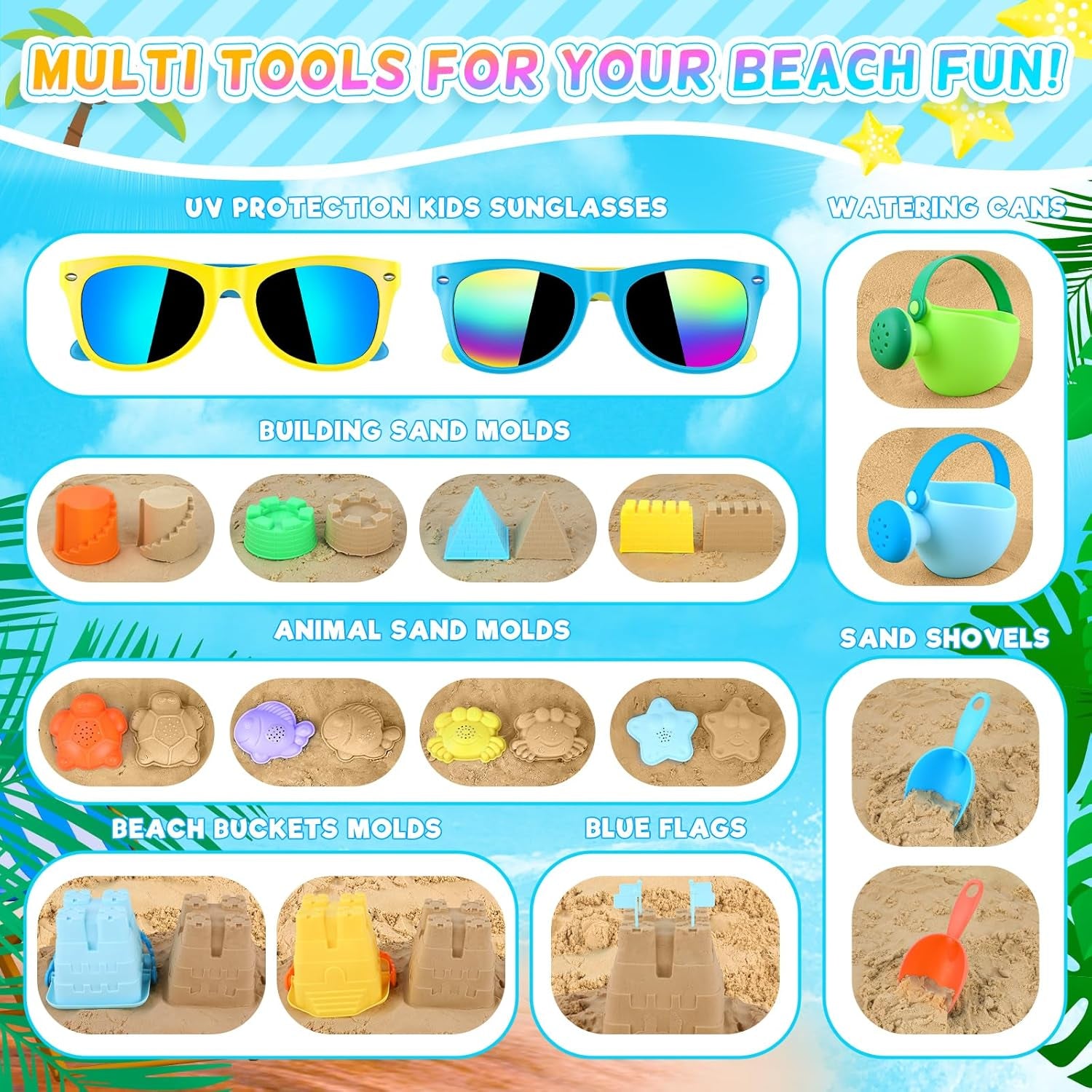 42 PCS Beach Toys and Sand Toys, Sandbox Toys Beach Toys for Kids 3-10, Kids Beach Toys with Sand Bucket, Mesh Bags, Kids Sunglasses, Sand Castle Toys for Beach, Sand Toys for Toddlers Age 3-5