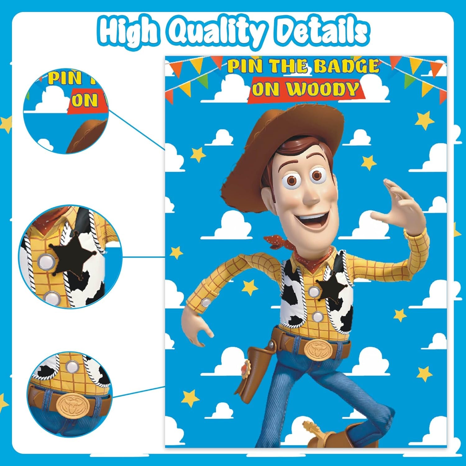 Toy Inspired Story Party Supplies, Toy Inspired Story Birthday Decorations, Pin the Badge on Woody Party Game Large Poster for Toy Inspired Story Party Decorations