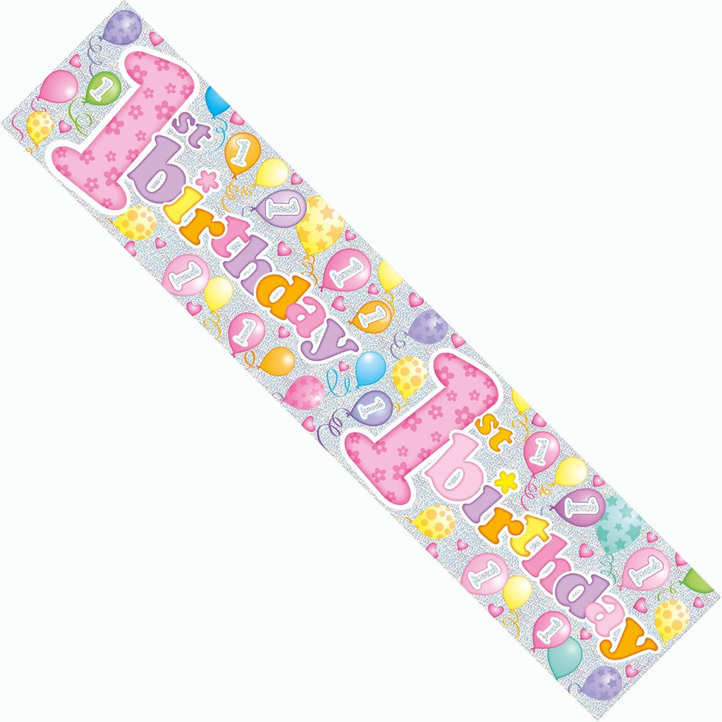 Happy 1St Birthday Party Banner Little Girl'S Age 1 Party Decoration Garland Extra Wide Giant Party Banner Birthday Girl Pink Recyclable Eco Friendly Holographic Shiny Sparkly Party Banner