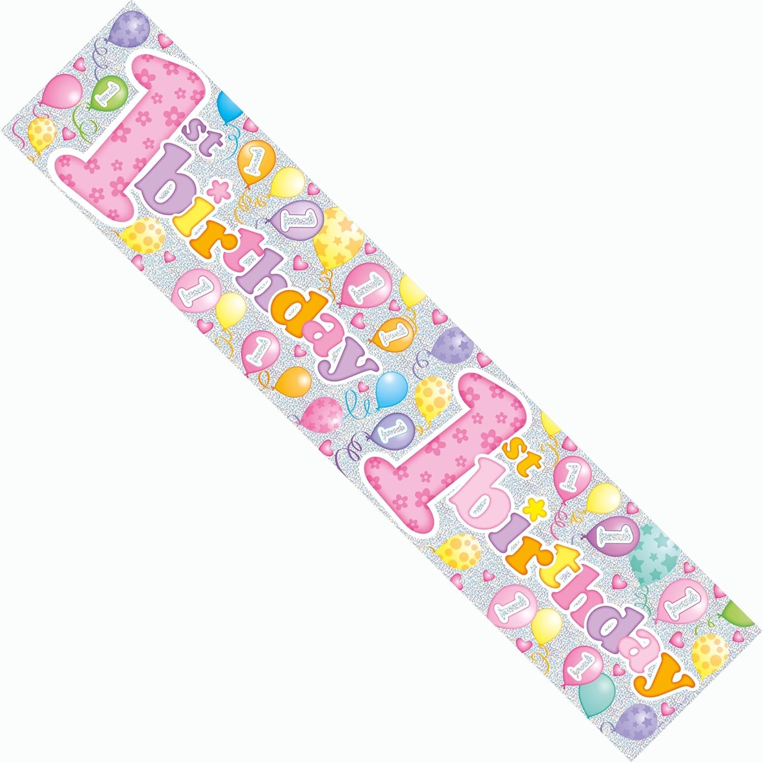 Happy 1St Birthday Party Banner Little Girl'S Age 1 Party Decoration Garland Extra Wide Giant Party Banner Birthday Girl Pink Recyclable Eco Friendly Holographic Shiny Sparkly Party Banner